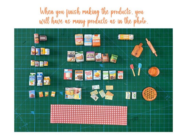 It is a Dollhouse Miniature Baking/ Cooking set that includes various items such as 45 different pieces Miniature Food, Mini Grocery boxes, Cooking Ingredients, Kitchenware, Recipes and Cookbook. Download PDF printables and get started making.