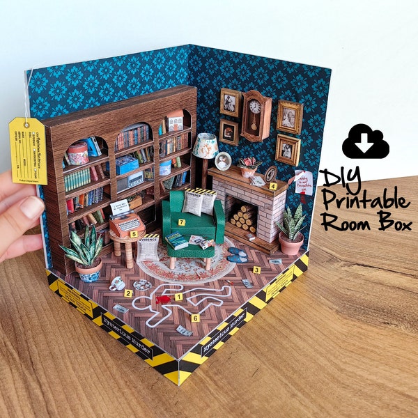 Dollhouse Printable DIY Miniature Mysterious Murder Room Box, Paper Craft. Diorama Digital Kit. PDF Instant Download and Instruction videos.