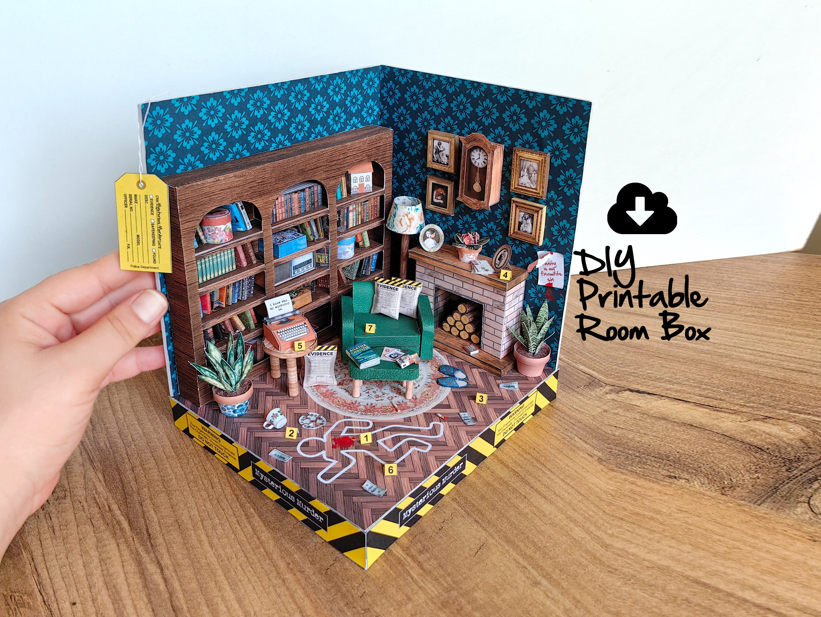 Dollhouse Printable DIY Miniature Mysterious Murder Room Box, Paper Craft. Diorama Digital Kit. PDF Instant Download and Instruction videos.