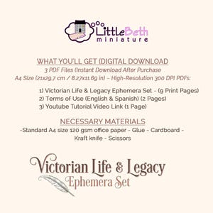 1:12 scale Victorian dollhouse miniature ephemera and accessory set. This printable digital kit features a vintage steamer trunk, floral photo album, personal journal, and over 200 nostalgic paper treasures. Designed by LittleBethMiniature for vintage dollhouse collectors.
