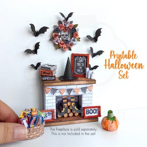 Miniatur druckbare Halloween-Dekorationen Set. Puppenhaus 1:12 Skala Bonbons, Korb, Snacks, Kränze ... A4 PDF Vorlage & Instruktionsvideo.