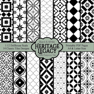 May include: A collection of 14 classic black and white tile designs for dollhouses. The image showcases various patterns, including geometric shapes, floral motifs, and symmetrical arrangements. The text reads "Heritage Legacy Multi-Purpose Tile" and "Printable PDF Pages A4 & Letter Size."
