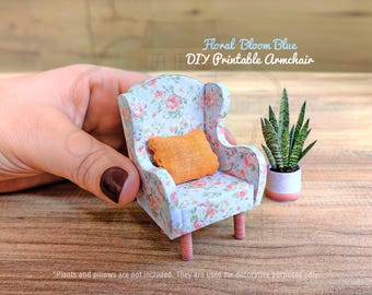 Dollhouse Miniature Printable Armchair | Floral Bloom Blue | 1:12 Scale Furniture  DIY Papercraft Project | PDF Template + Video Tutorial