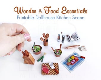 May include: Miniature wooden kitchen scene with food essentials. Includes a wooden knife block, bowls of salad, a cutting board with a steak, and a cutting board with vegetables. The text reads "Wooden & Food Essentials Printable Dollhouse Kitchen Scene."