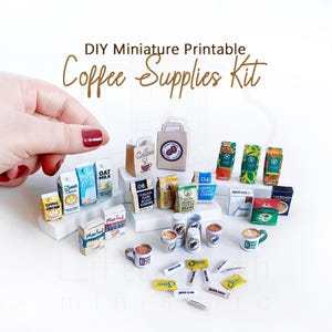 May include: A collection of miniature printable coffee supplies, including coffee bags, milk cartons, coffee cups, and sugar packets. The text "DIY Miniature Printable Coffee Supplies Kit" is displayed at the top of the image.