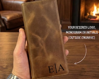 Personalisierte Lange Herren Geldbörse, Handgefertigte Leder Handy Geldbörse, Besonderes Jubiläumsgeschenk für Ihn, Doppellagig, Magnetisch, Geschenk für Papa