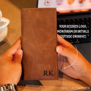 Monogrammed Long Wallet Men, Handmade Leather Phone Wallet, Custom Engraved Anniversary Gift for Him, Bifold Checkbook Wallet, Gift for Dad