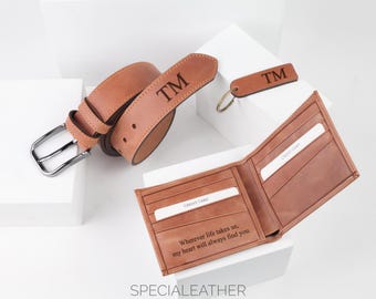 Personalized Leather Gift Set for Him – Custom Wallet, Belt & Keychain – Anniversary Gift for Husband, Boyfriend, Groomsmen, Engraved Gift