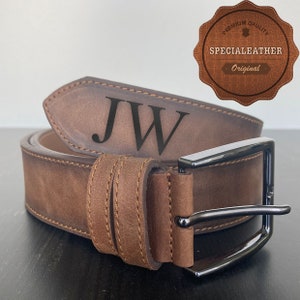 Custom Handmade Belt Anniversary Gift Father's Day Gift Engraved Leather Belt Grooms Men Gift Genuine Leather Gift for Boyfriend Brown-Front Engrave