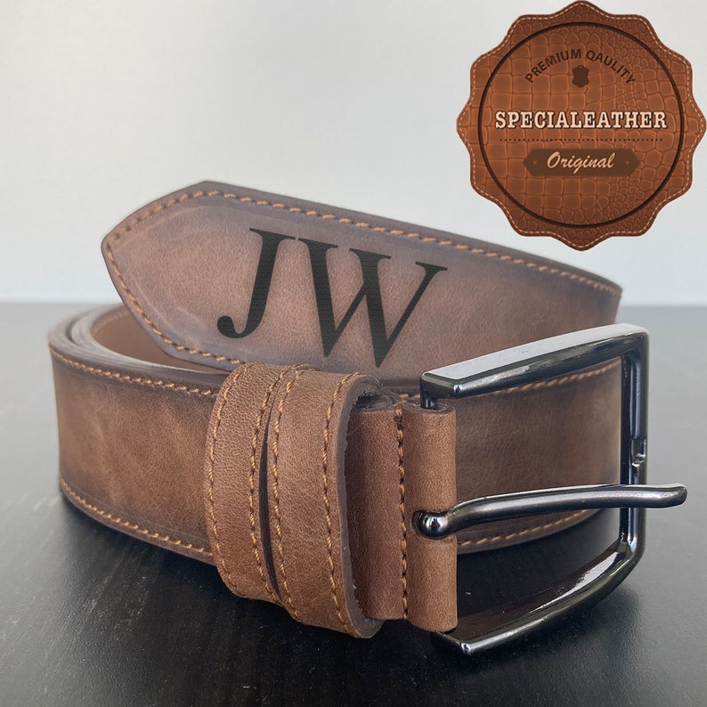 Custom Handmade Belt Anniversary Gift Father's Day Gift Engraved Leather Belt Grooms Men Gift Genuine Leather Gift for Boyfriend Brown-Front Engrave