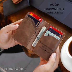Billetera de cuero grabada personalizada: regalo personalizado para hombres, papá, esposo o novio: billetera clásica plegable con mensaje personalizado