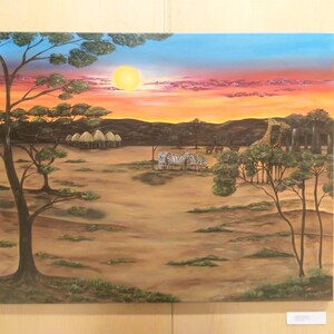 African sunset landscape oil painting, African sunset painting, Naif art, Africa savanna painting, Africa animals painting, decoration image 3