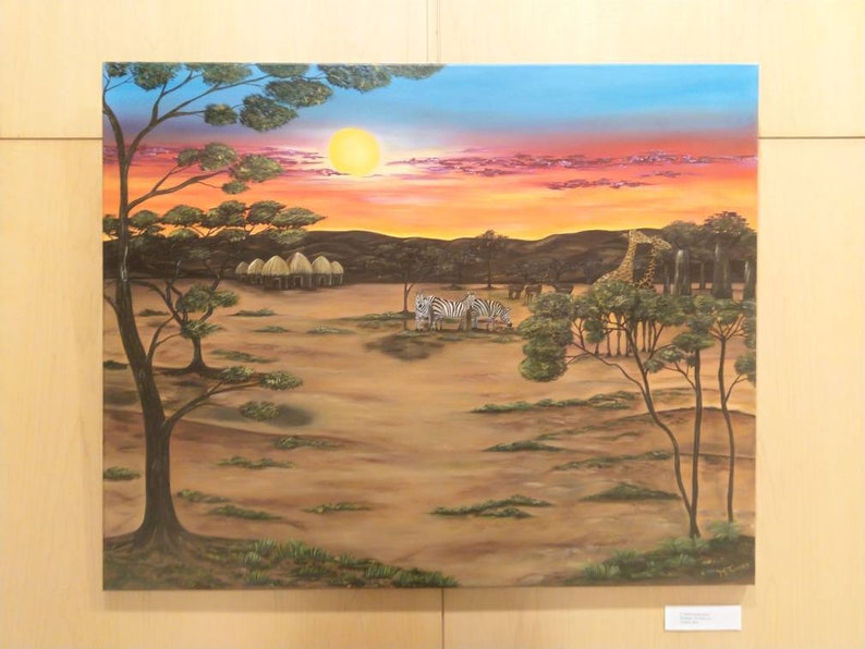 African sunset landscape oil painting, African sunset painting, Naif art, Africa savanna painting, Africa animals painting, decoration image 3