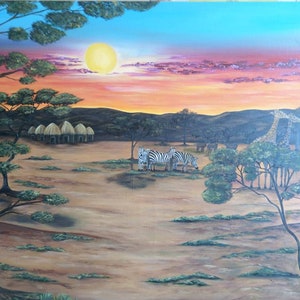 African sunset landscape oil painting, African sunset painting, Naif art, Africa savanna painting, Africa animals painting, decoration image 2