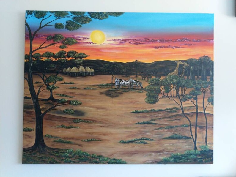 African sunset landscape oil painting, African sunset painting, Naif art, Africa savanna painting, Africa animals painting, decoration image 1