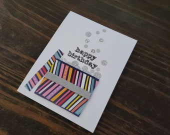 Handmade "Happy Birthday Box" Card, white cardstock, with sequins and rhinestones, blank inside.