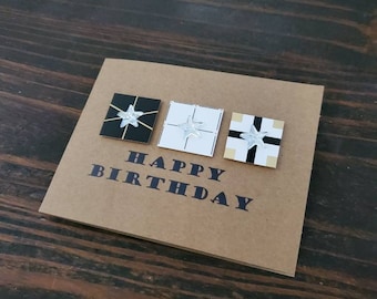 Handmade "Gift Boxes" Birthday Card, Craft brown paper, acrylic stars.