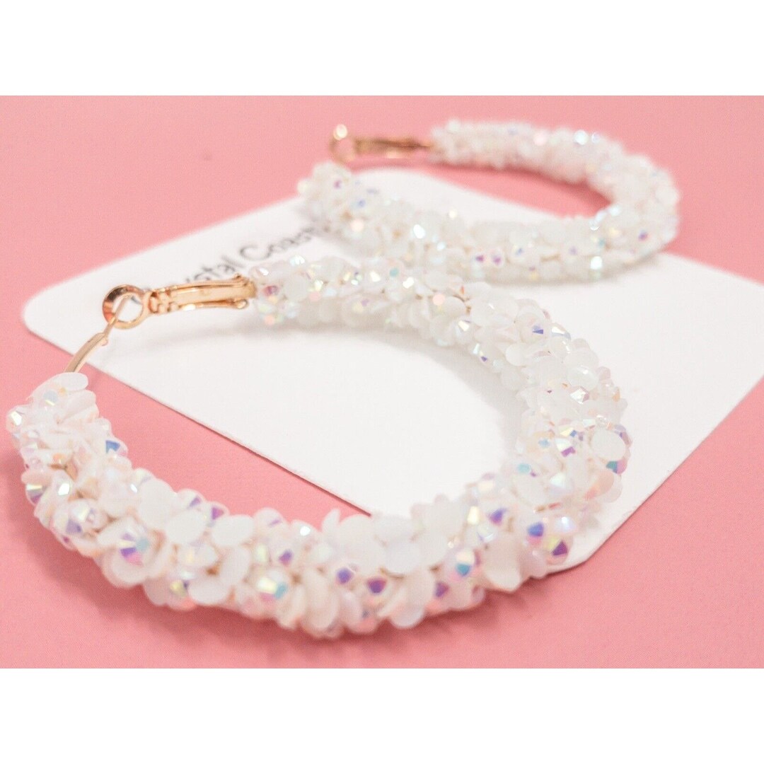 Clear Iridescent Rhinestone Crystal Beaded Hoop Earring White Etsy