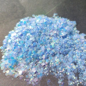 May include: A pile of iridescent blue glitter with a mix of small and large hex and round shapes.