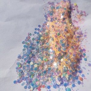 May include: A close-up of iridescent glitter in shades of blue, pink, and gold. The glitter is scattered on a white surface.