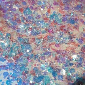 May include: A close-up of iridescent glitter in shades of blue, pink, and white. The glitter is scattered randomly, creating a swirling, abstract pattern.