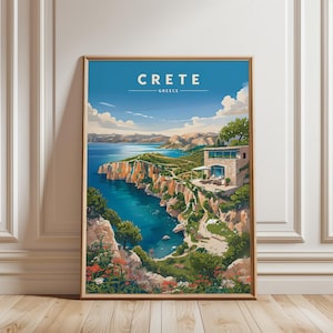 Crete Greece Travel Poster | Vintage Mediterranean Wall Art Print | Greek Island Coastal Decor | Retro Travel Illustration