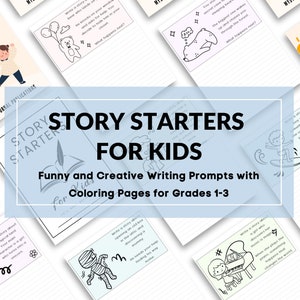 Afdrukbare verhaalstarters voor kinderen: grappige en creatieve schrijfinstructies met kleurplaten voor groepen 1-3