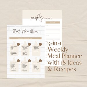 May include: A printable meal planner with 18 meal ideas and recipes. The planner includes a weekly meal plan section and a meal plan menu section with meals categorized by ground meat. The meal plan menu includes recipes for Taco Salads, Lettuce Wraps, Turkey Chili, Hawaiian Sliders, Turkey Meatballs, and Green Chili.