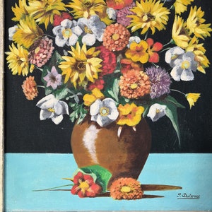 Grandes fleurs peinture à l'huile encadrée tableau vintage tableau naïf 1940 bouquet tableau à l'huile antique