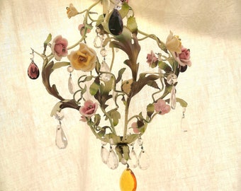 French Italian Tole Chandelier Porcelain Roses Tole Leaves