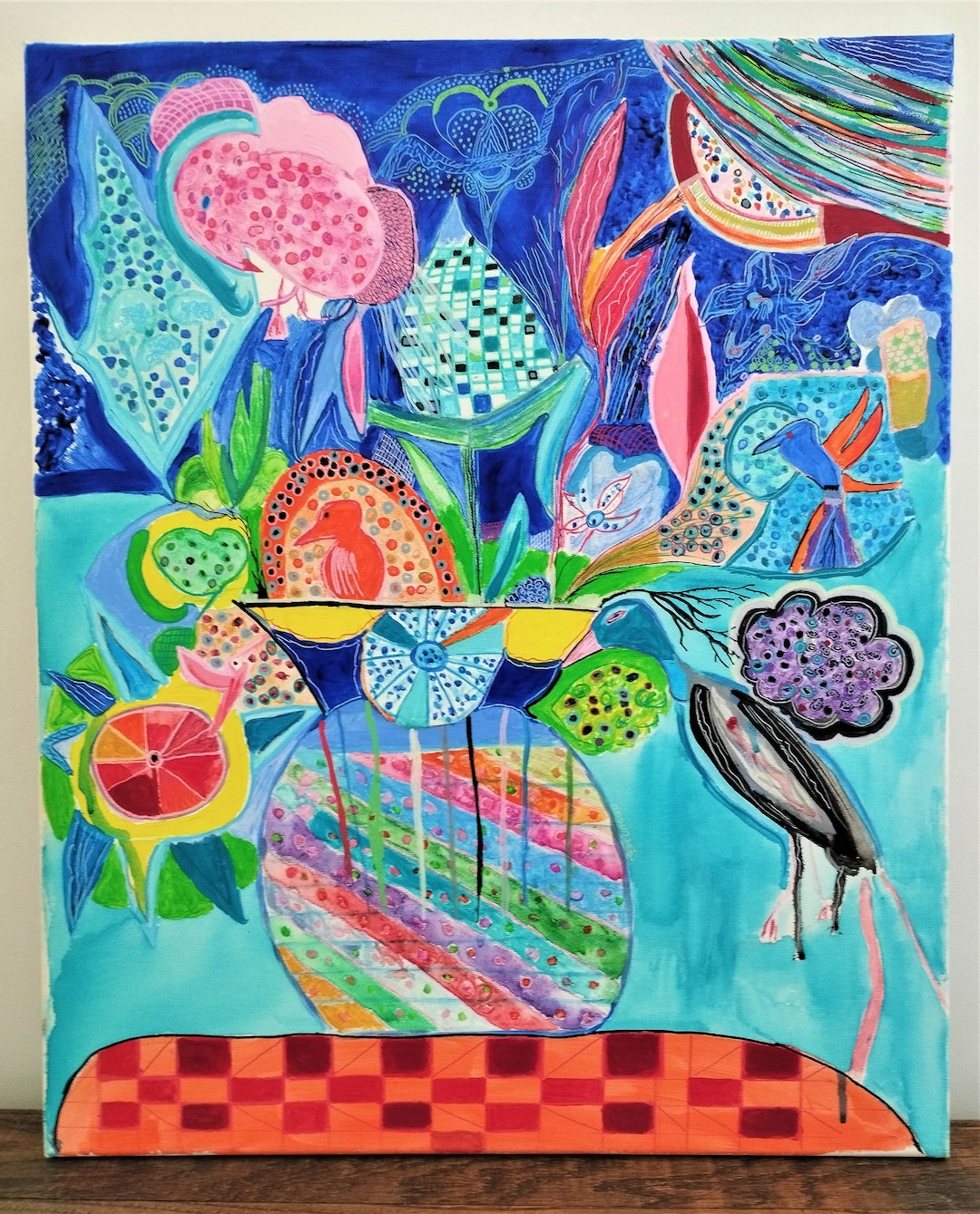 Modernist Painting Brutalist Raw Art Birds Flowers Bouquet Painting Modern Outsider Art