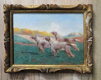 Antique 0il Painting w Dogs Impressioniste Painting Landscape 1906  Gilded wood frame