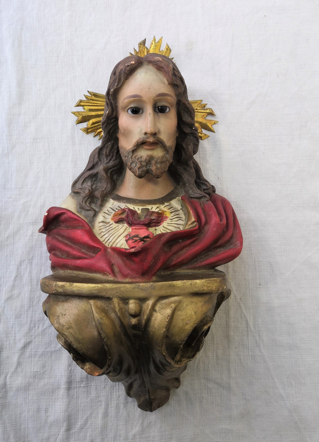 Antique Religious Jesus Statue W Sacred Heart Glass Eyes Religious