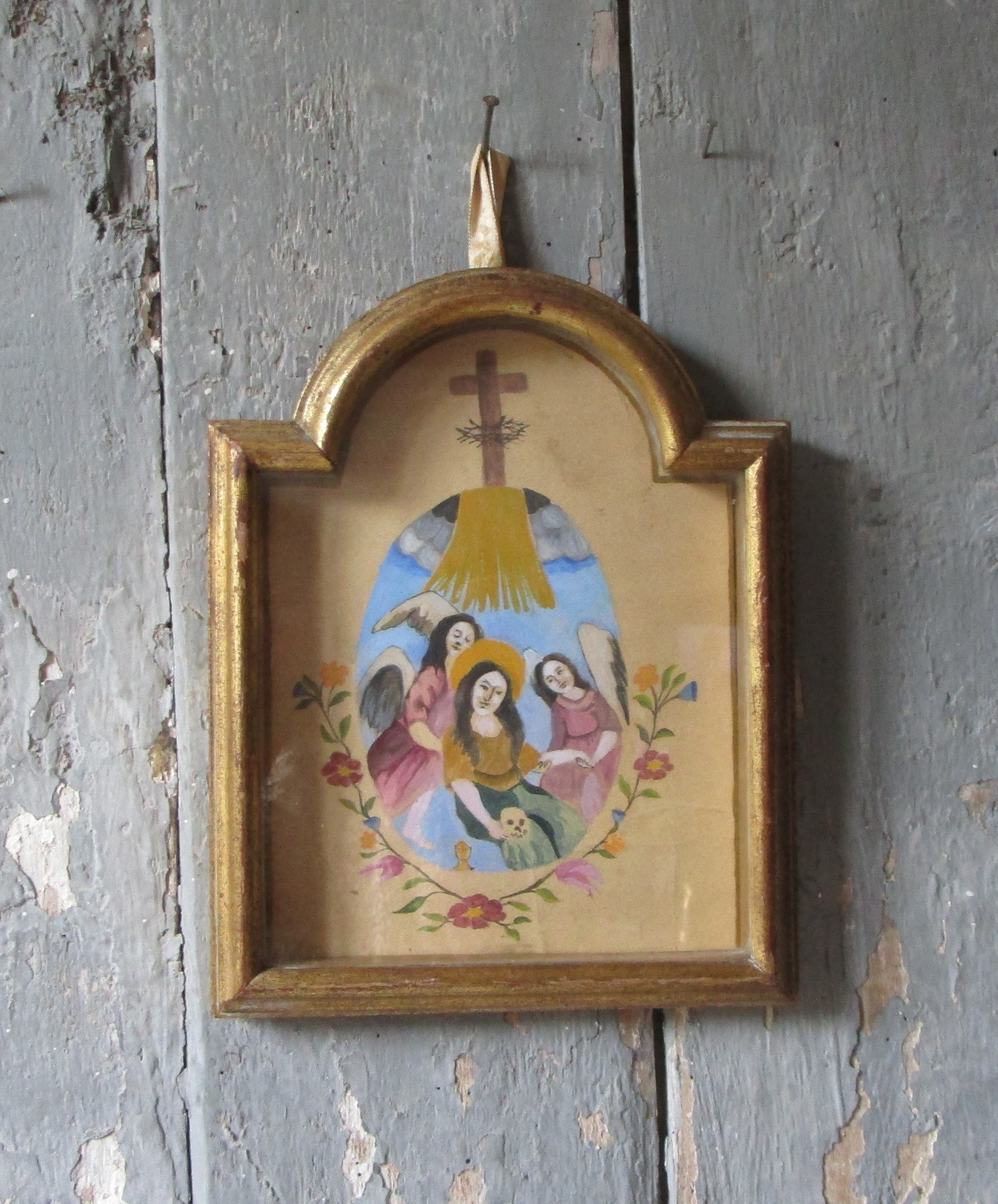 Peinture Religieuse Saint Magdelana et Anges C19Ème Antique Français Peinture Crâne Crucifix Doré Ca