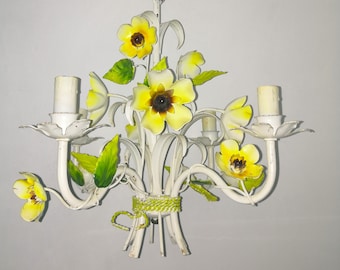 Vintage Florentine toleware chandelier with flowers and leaves 3 branch flowers italian Ceiling Lamp