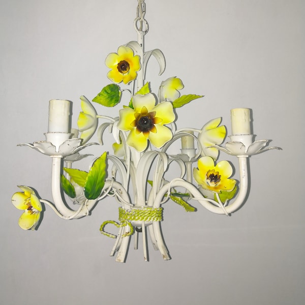 Lustre vintage florentin en faïence avec fleurs et feuilles, 3 branches de fleurs, plafonnier italien