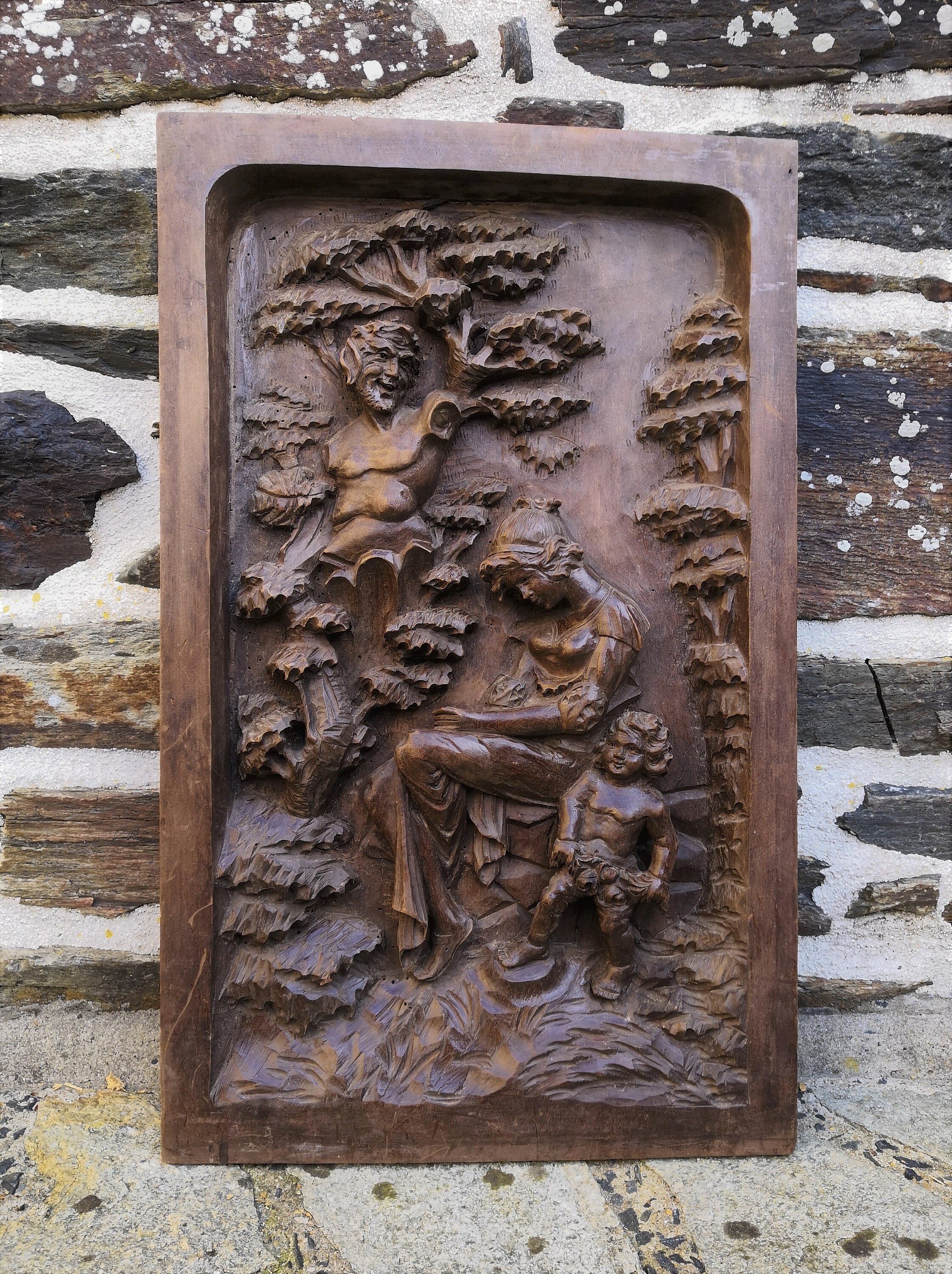 Antique Français Foret Noire Bois Sculpté Cherub Lady Fauna Sculpture Récupération Architecturale Bo