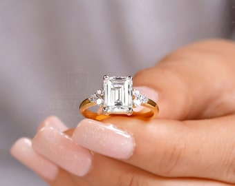 エメラルドカットモアッサナイトダイヤモンドリング – 1～5カラット、パヴェハロー、925スターリングシルバー婚約指輪