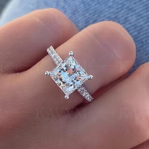 3ct Princess Cut Moissanite Hidden Halo Engagement Ring, Solitaire Princess Cut Ring, Moissanite Simple Promise Ring