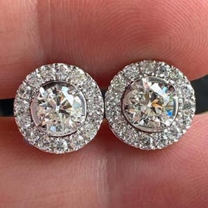 White Gold Tiny Round Cut Halo Stud Earrings For Women, Simple Moissanite Halo Earrings, Bridesmaid Gift