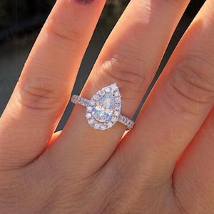 Pear Shaped Moissanite Halo Engagement Ring 3D Pear Shape White Gold Ring Art Deco Promise Ring For Women