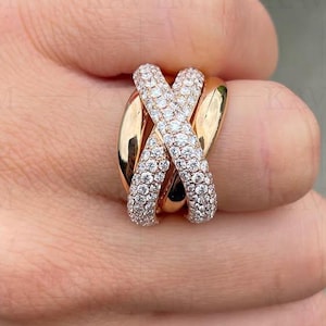 14K Yellow Gold Criss Cross Moissanite Statement Ring, Unique Multi Row Pave Cocktail Ring, Art Deco Wide Crossover Anniversary Ring