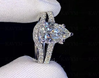 Pear Moissanite Engagement Ring Set, Hidden Halo, Sterling Silver Wedding Band