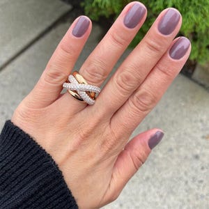 14K Yellow Gold Criss Cross Moissanite Statement Ring, Unique Multi Row Pave Cocktail Ring, Art Deco Wide Crossover Anniversary Ring