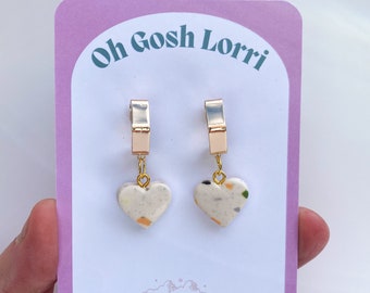 Heart charm earrings with gold hexagon hoop, fun summer jewellery gift idea for her, handmade clay earrings, modern statement jewellery