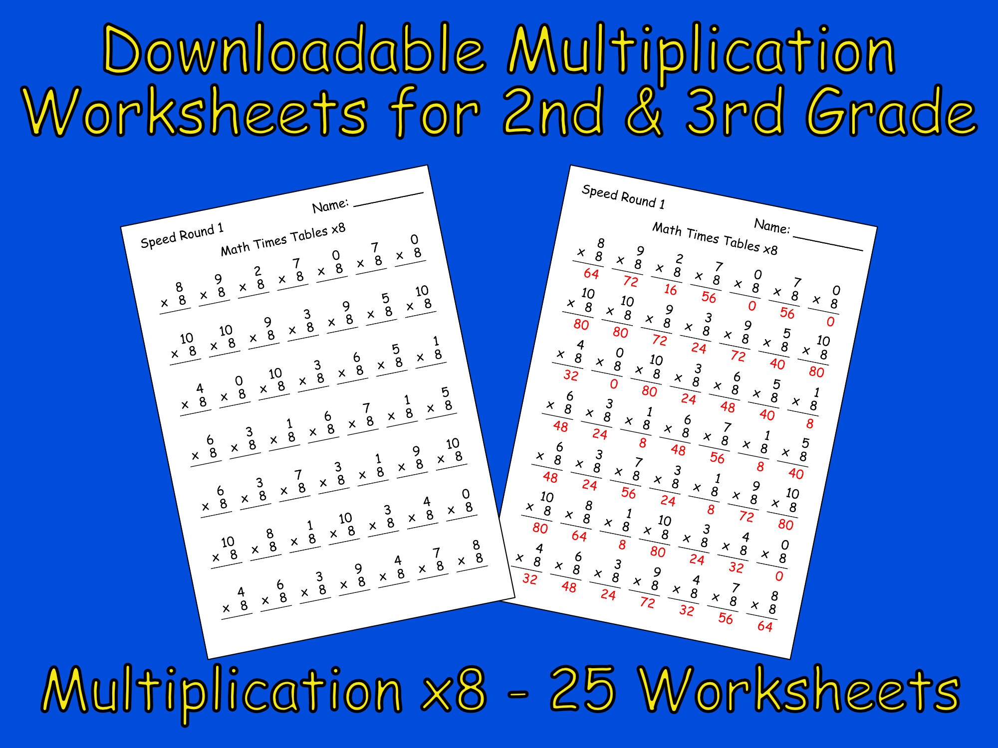 Math Multiplication Times Tables Speed Worksheets for 2nd & 3rd Grade ...