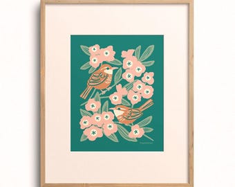 Wren & Rhododendron Art Print