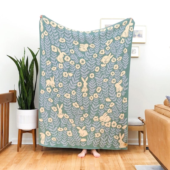 Bunny Meadows Organic Cotton Throw Blanket in Sage Green: Original Art, 50x60 Knit Blanket