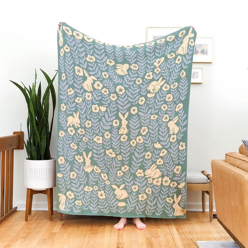 Bunny Meadows Organic Cotton Throw Blanket in Sage Green: Original Art, 50x60 Knit Blanket image 1