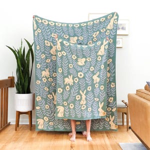 Bunny Meadows Organic Cotton Throw Blanket in Sage Green: Original Art, 50x60 Knit Blanket image 9